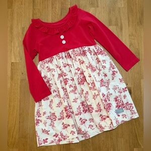 Eleanor Rose 7/8 Red Cream Heather Dress Long Sleeve Fit & Flare Rose Print